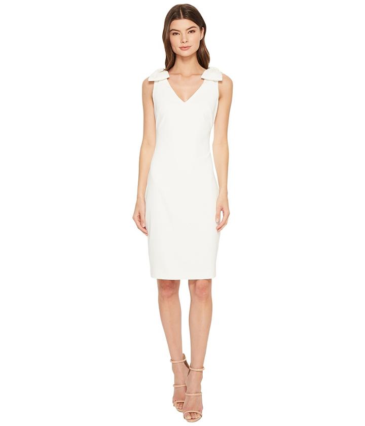 Badgley Mischka V-neck Butter Crepe Bow Shoulder Dress (ivory) Women's Dress