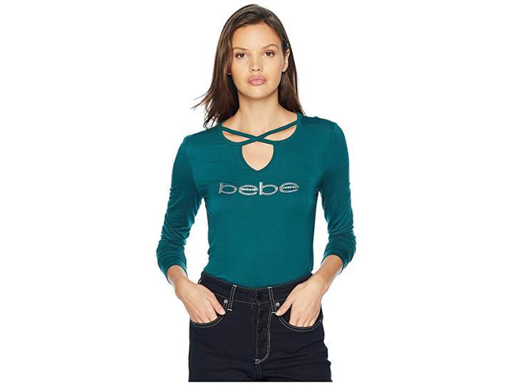 Bebe Lattice Neckline Long Sleeve Top (ponderosa Pine) Women's Clothing