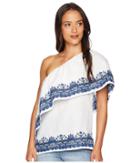Lauren Ralph Lauren One Shoulder Linen Top (white Multi) Women's Blouse