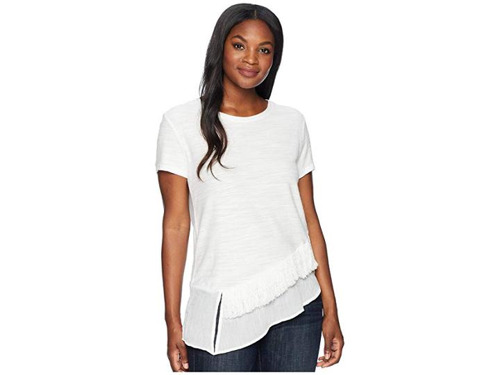 Two By Vince Camuto Short Sleeve Asymmetrical Ruffle Hem Tee W/ Fringe Trim (new Ivory) Women's T Shirt