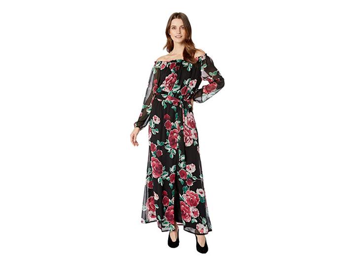 Nine West Printed Chiffon Long Sleeve Maxi W/ Sash Waist (black/ruby Red Multi) Women's Dress