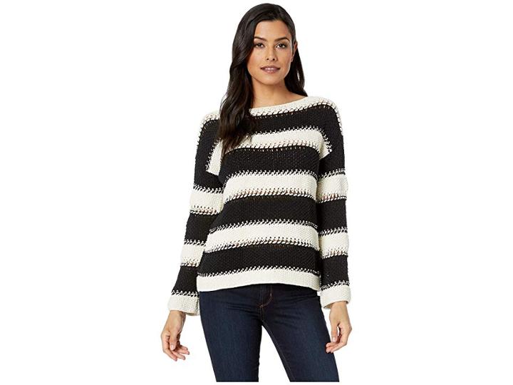 Elliott Lauren A Stitch In Time Easy Open Knit Stripe Sweater (black/cream) Women's Sweater