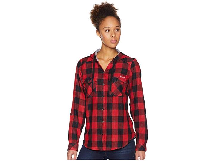 Columbia Collegiate Times Twotm Hooded Long Sleeve Shirt (wis/intense Red Check) Women's Long Sleeve Button Up