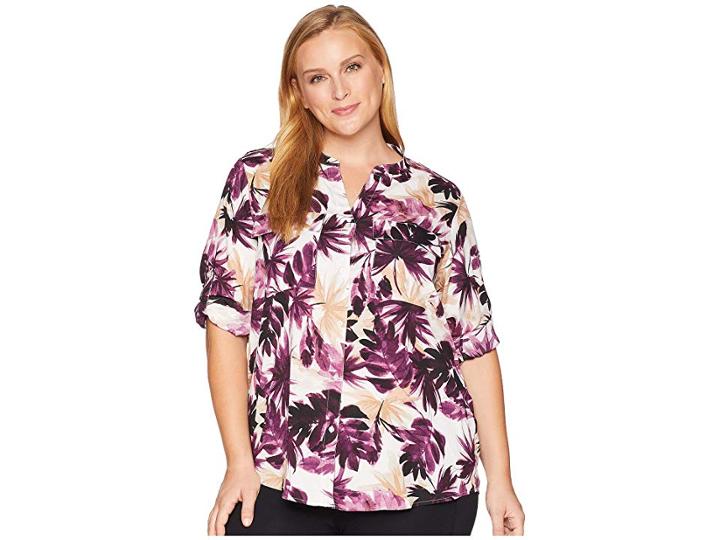 Calvin Klein Plus Plus Size Printed Crew Neck Blouse With Roll Sleeve (aubergine Multi) Women's Blouse