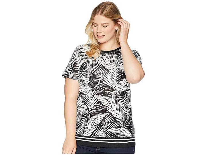 Lauren Ralph Lauren Plus Size Tropical-print Linen-blend Top (black/mascarpone Cream) Women's Clothing