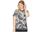 Lauren Ralph Lauren Plus Size Tropical-print Linen-blend Top (black/mascarpone Cream) Women's Clothing
