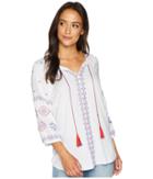 Tribal Woven Challis 3/4 Sleeve Embroidered Detail Blouse (white) Women's Blouse