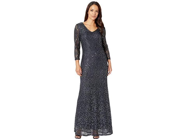 Marina Slim 3/4 Sleeve Lace Dress With V Front/back Neckline (gunmetal) Women's Dress