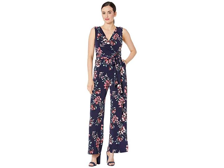 Tahari By Asl Printed Stretch Jersey Floral Jumpsuit (mixed Bouquet Navy) Women's Jumpsuit & Rompers One Piece