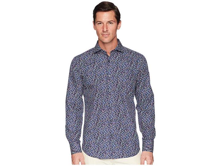 Bugatchi Shaped Fit Long Sleeve Woven Shirt (navy) Men's Clothing