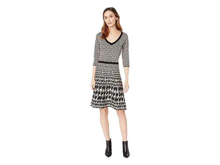Taylor Houndstooth Print V-neck Sweater Dress (black/champagne) Women's Dress