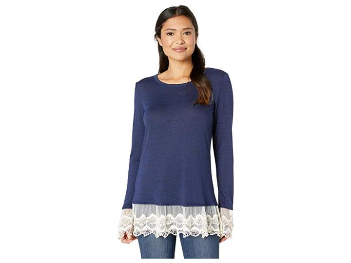 Wrangler Lace Trim Long Sleeve Knit (navy/natural) Women's Clothing
