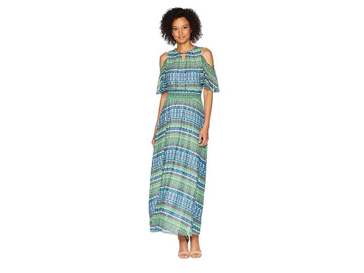 Calvin Klein Printed Halter Maxi Dress With Tie (capri/black) Women's Dress