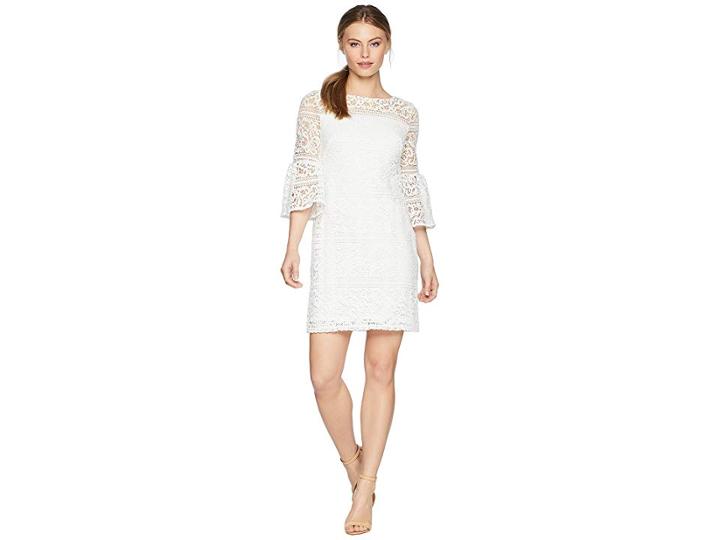 Lauren Ralph Lauren Petite 138a Filigree Striped Obelix 3/4 Sleeve Day Dress (white) Women's Dress