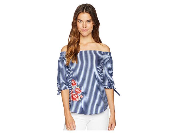 Kensie Chalk Stripe Embroidered Off The Shoulder Top Ks7u4728 (navy Noir Combo) Women's Clothing