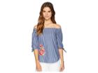 Kensie Chalk Stripe Embroidered Off The Shoulder Top Ks7u4728 (navy Noir Combo) Women's Clothing