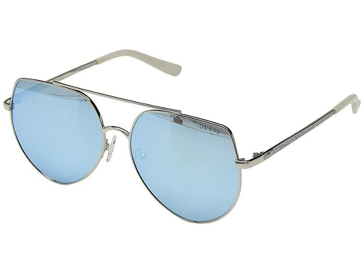 Guess Gf6057 (shiny Light Nickeltin/blue Mirror) Fashion Sunglasses