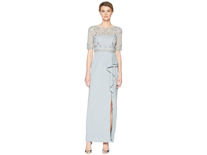 Adrianna Papell 3/4 Sleeve Beaded Bodice Mob Gown With Ruffle Crepe Skirt (blue Heather) Women's Dress