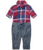 Ralph Lauren Baby Plaid Shirt Chambray Pants Set (infant) (red/blue Multi) Boy's Active Sets