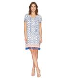 Tribal Textured Crepe Short Sleeve Knee Length Dress With Tassel Detail (deep Sky) Women's Dress