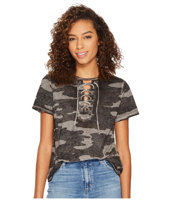Lucky Brand Camo Lace-up Tee (grey Multi) Women's T Shirt