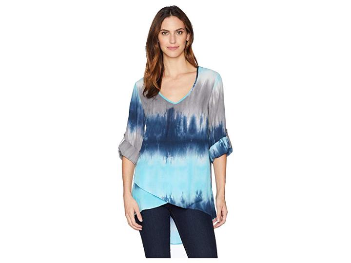 Mod-o-doc Printed Rayon V-neck Crossover Hem Top (navy Tie-dye) Women's Long Sleeve Pullover