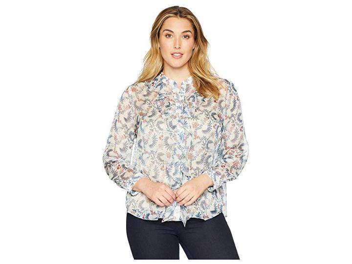 Vince Camuto Specialty Size Plus Size Long Sleeve Ruffle Front Boutique Floral Blouse (antique White) Women's Blouse