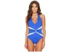 Lauren Ralph Lauren Beach Club Plunge Twist Halter One-piece Shaping Fit W/ Removable Cups (capri Blue) Women's Swimsuits One Piece