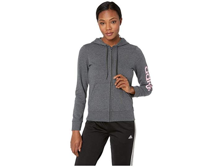 Adidas Essentials Linear Full Zip Hoodie (dark Grey Heather/true Pink) Women's Sweatshirt