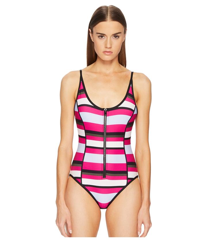 Proenza Schouler Striped Over The Shoulder One-piece W/ Zip Front Detail (electric Pink Multi) Women's Swimsuits One Piece