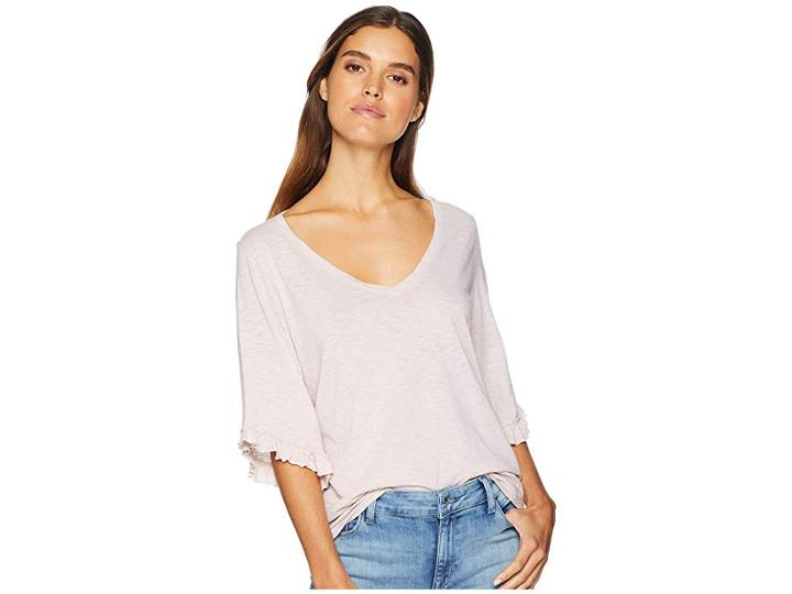 Michael Stars Supima Cotton Slub Elbow Sleeve V-neck With Ruffles (whisper) Women's Clothing