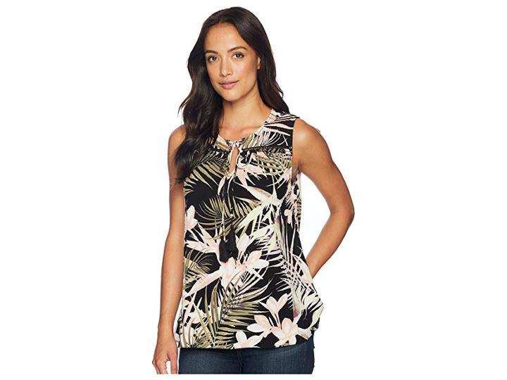 Cece Soft Palms All Over Sleeveless Tie Blouse (rich Black) Women's Sleeveless