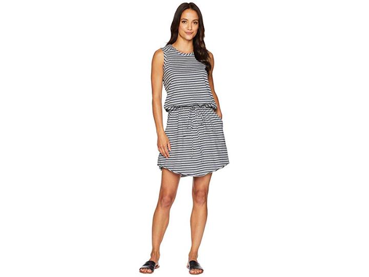 Dylan By True Grit Montauk Stripe Soft Cotton Knit Tie Tank Dress With Pocket (heather/indigo) Women's Dress