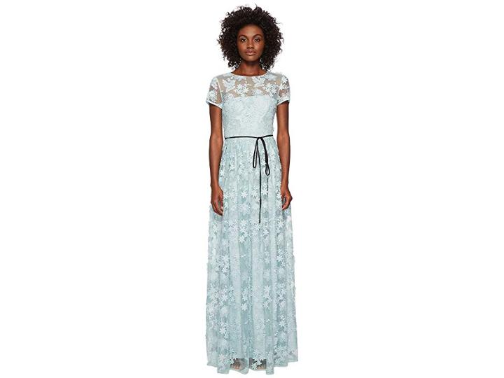 Ml Monique Lhuillier Short Sleeve Long Lace Maxi Dress (light Blue) Women's Dress