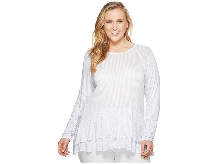 Michael Michael Kors Plus Size Petite Stripe Double Hem Top (light Quartz/white) Women's Clothing