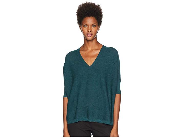 Eileen Fisher Fine Merino Double Links V-neck 3/4 Sleeve Top (pine) Women's Clothing