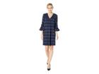 Eci Stripe V-neck 3/4 Sleeve W/ Pleated Details (navy) Women's Dress