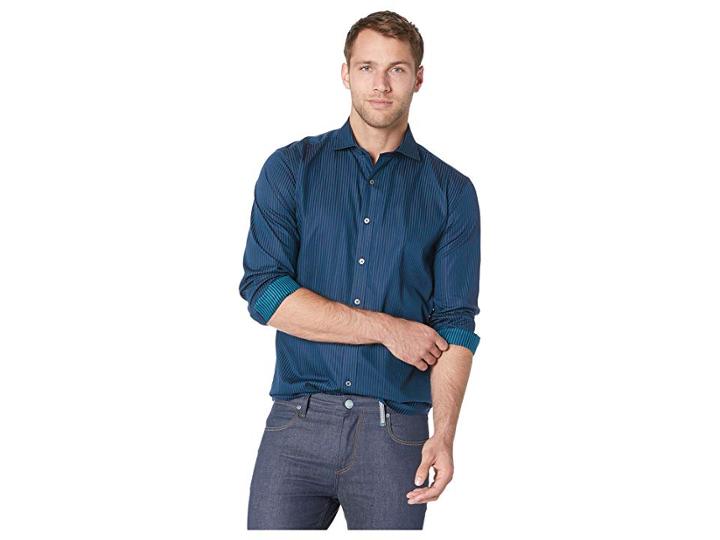 Bugatchi Long Sleeve Shaped Fit Woven Shirt (forest) Men's Clothing