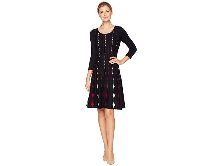 Gabby Skye Diamond Pattern Fit Flare Sweater Dress (black/garnet/sand) Women's Dress