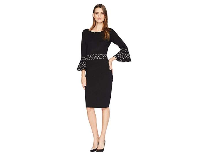 Gabby Skye Bell Sleeve Fitted Sweater Dress (black/ivory) Women's Dress