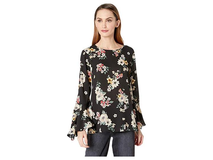 Vince Camuto Flared Sleeve Floral Story Blouse (rich Black) Women's Blouse