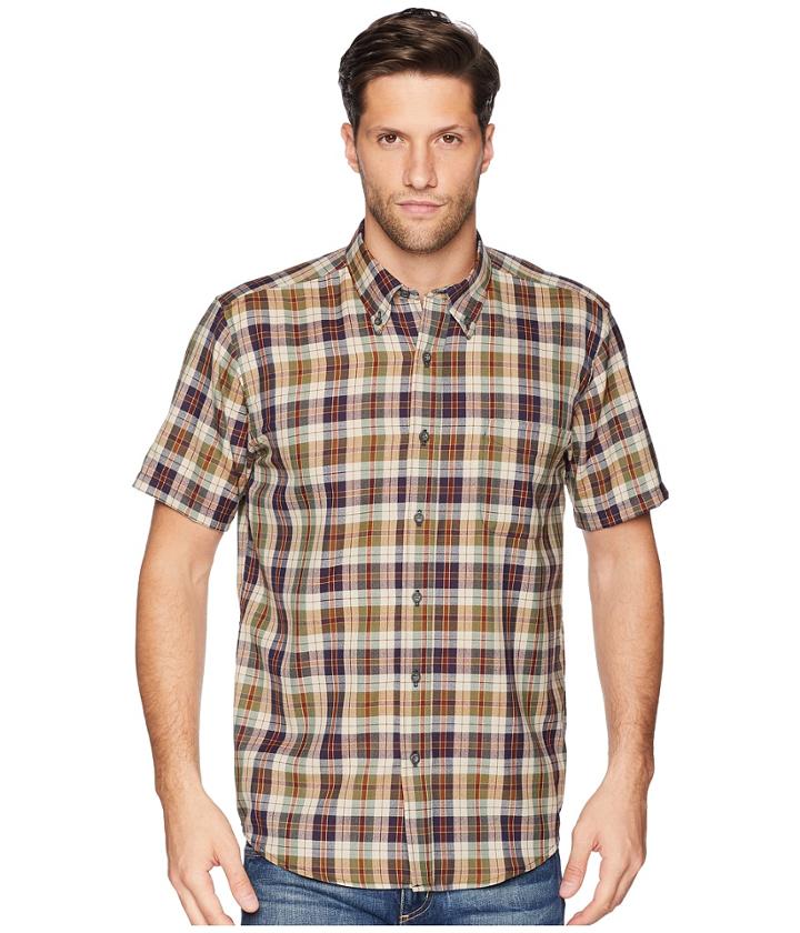 Pendleton Linen Short Sleeve Button Down Collar Shirt (green/rust Plaid) Men's Clothing