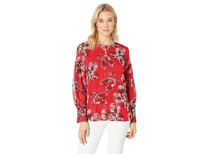 Tommy Hilfiger Keyhole Printed Long Sleeve Woven (scarlet Multi) Women's Clothing