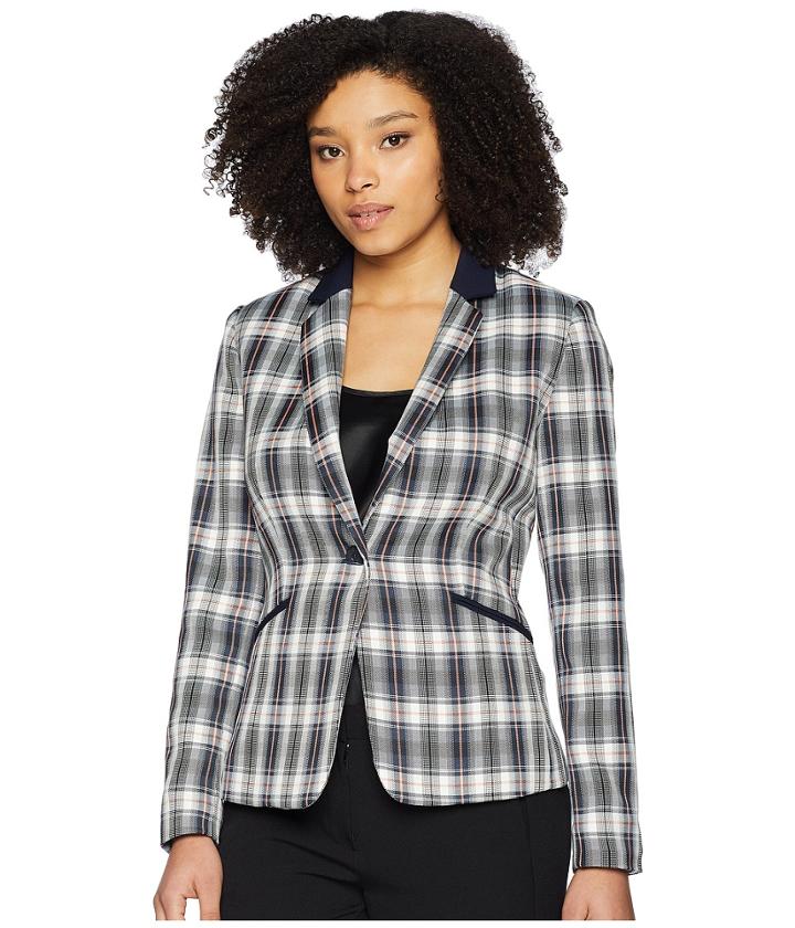 Tahari By Asl Plaid One-button Jacket With Solid Pop Collar (navy/ivory/orange) Women's Coat