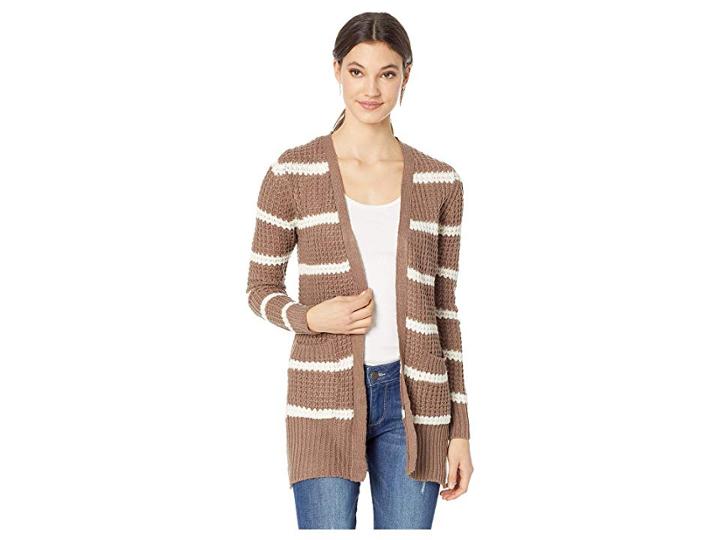 Pink Rose Lace-up Long Sleeve Open Cardigan W/ Pocket (mocha Combo) Women's Sweater