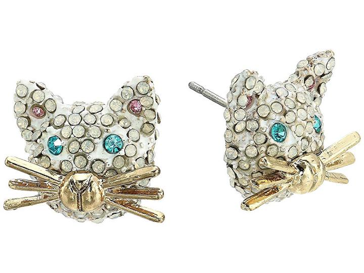 Betsey Johnson White Stone Cat Face Stud Earrings (white) Earring