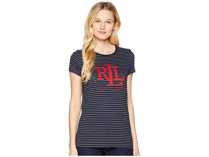 Lauren Ralph Lauren Striped Logo T-shirt (navy/mascarpone Cream) Women's T Shirt