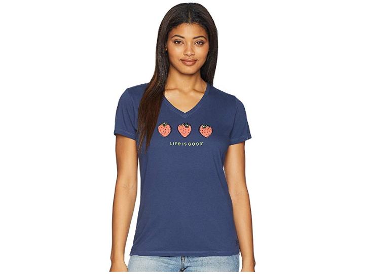 Life Is Good 3 Strawberries Crusher Vee (darkest Blue) Women's T Shirt
