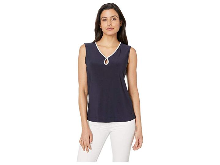Tommy Hilfiger V-neck Piped Sleeveless Knit (midnight/ivory) Women's Sleeveless