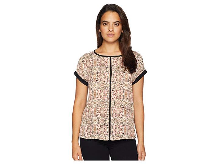 Ivanka Trump Short Sleeve Printed Top With Open Hem (ivory Multi) Women's Clothing